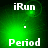 Green background with white text 'iRun' and 'Period' in pixelated font, separated by a small white dot, with a glowing green circular effect near the top-left.