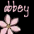 Pixelated pink text 'abbey' above two pixelated pink flowers on a black background with visible dithering and anti-aliasing edges.