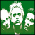 Green background with pixelated white figure holding two skulls, red with black text 'I love' and partial word below