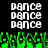 Pixelated text 'dance' repeated in a above green pixelated shapes on black background