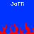 Blue background with white text 'Jotti' at top left and top right, red pixelated flames along the bottom edge.