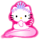 Hello Kitty avatar with pink outline, blue tiara, yellow nose, black whiskers, and pink wings, hands clasped in prayer pose.