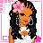 Pixel art contact sheet of a female character in three poses with pink floral accents and text phrases, arranged in 3x3 grid on white background with pink geometric border.
