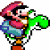 Pixelated Mario character in red hat and blue overalls holding green dinosaur, standing on gray platform with white background.
