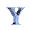 Animated sequence of stylized letter Y icons in varying shades of blue and gray, transitioning through different structural states.