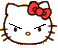 Pixelated Hello Kitty head with red bow, brown outline, and yellow nose; left side shows closed eyes while right side displays angry expression with crossed lines over eyes.