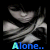 A black-and-white anime-style character with long dark hair and a white top, displayed in a of six with blue text reading 'Alone..' below each