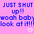 Pixelated blue text on pink background with two white heart symbols, displaying repeated phrases and punctuation.