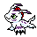 Pixelated creature with white body, purple spots, green eyes, and red accents on head moves through multiple poses against gray background.