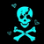 Cyan skull and crossbones icon with pixelated animation showing shifting bone positions and floating fragments against black background.