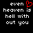 Black background with white pixelated text reading 'even heaven is hell without you' and a red pixelated heart symbol above 'even' on the left side.