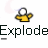 Animated sequence showing a yellow figure with white head and arms, purple orbs above it, and 'Explode' text below; display pink pixelated explosions