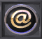 Six-frame contact sheet of an animated @ symbol icon with metallic gold and blue accents on a dark background.