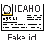 Pixelated image of a fake ID card with 'IDaho' text, a circular photo placeholder, and 'Fake id' label below.