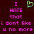 Dark red background with pink pixelated text reading "I HATE that i dont like u no more" and a green heart symbol above the left "I".