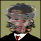 Animated sequence of a cartoon character with a tornado-shaped head transitioning through multiple states including full tornado, partial tornado, and clear head view.