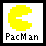 Yellow pixelated Pac-Man character with open mouth facing right, below black text reading 'PacMan' on white background.
