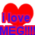 Red heart shape with blue text "i love MEG!!!!!" overlaid on top-left, two plain red hearts in other quadrants.