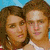 Two people in red and white clothing embrace against a blue background, with one person's arm around the other's shoulder.
