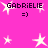 Pixelated pink background with white starbursts and repeated text 'GABRIELLE =)' in dark purple pixel font.