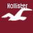 Maroon background with white seagull silhouettes and text elements including 'Hollister' and '64' in pixelated style.
