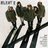 Pixelated image of five figures in dark green coats standing on a diagonal black line with text labels around the edges.