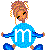 Pixelated character with multicolored hair, closed eyes, and a blue outfit featuring white symbols.