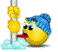 Pixelated yellow cartoon character with blue hair and red mouth holding a stick with two yellow circular objects above light blue water-like background.
