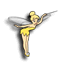 Animated contact sheet of Tinker Bell character in yellow dress with silver wings holding a wand, showing four sequential frames of motion against white background.