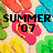 Pixelated summer-themed icon with colorful flower shapes and bold black text reading 'SUMMER '07' and 'peace love & swimming' on a light background.