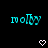 Cyan 'molly' text on black background with white heart and downward arrow symbols, some elements animated.