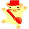 Animated pixel art of a yellow pig mascot with red top hat and sash in two running poses on gray background.