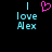 Pixelated text 'I love Alex' in cyan with a pink heart symbol above the 'I', displayed on black background.