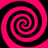 Four pink and black spiral patterns arranged in a with a central pink square, each spiral rotating clockwise