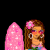 Pixelated icon featuring a woman with brown hair, pink flower, and sunglasses, alongside pink sparkly shapes and text reading 'California' and 'YEAH BABY!' in pink.
