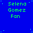 Blue background with green pixelated text 'Selena Gomez Fan' repeated in a pattern, scattered light blue dots, and a gray rectangle in the bottom-right corner