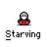 Pixel art character in red shirt with white skull face, multiple states showing hunger and starvation effects with text bubbles and red splatter details.