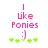 Pixelated pink text reads 'I like Ponies :)' above green plus signs on a white background.