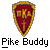 Pixelated shield icon with golden border and red interior featuring yellow cross-like symbol, below which is text reading 'Pike Buddy' in blocky font.