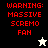 Red pixelated text reads "WARNING: MASSIVE SCREMO FAN" on black, gray, and off-white backgrounds with a white or black star icon below.