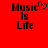 Red background with black pixelated text "Music Is Life" and a heart symbol replacing the 'c' in "Music" on the left side.