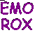 Pixelated text logo animation showing "EMO ROX" in purple and blue colors across two frames on a gray background.