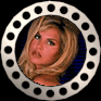 Four circular icons with metallic rings display a woman's face in different poses against blue striped background.