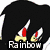 Pixelated cartoon character with black hair and red eyes in four distinct poses, including a close-up of the face with 'Rainbow' text overlay.