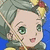 Pixelated anime-style character with green eyes, light skin, and a green headpiece with yellow and red accents against a blue background.