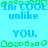 Pixelated text and green symbols on a cyan background with gray corner, repeating 'Im COOL unlike YOU.' in blue.