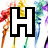 A large black and white stylized letter H with thick borders dominates the center, surrounded by colorful pixelated background elements including red, yellow, green, blue, and purple shapes.