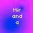 Pixelated text 'Mir and a' on a purple-to-blue gradient background with faint circular patterns.