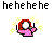 Pixelated character with red circular head and white face, pink body holding black wand emitting yellow sparkles across four of