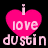 A pixelated graphic with a pink heart containing 'i love' text above 'dustin', displayed in three variations on black and gray backgrounds.